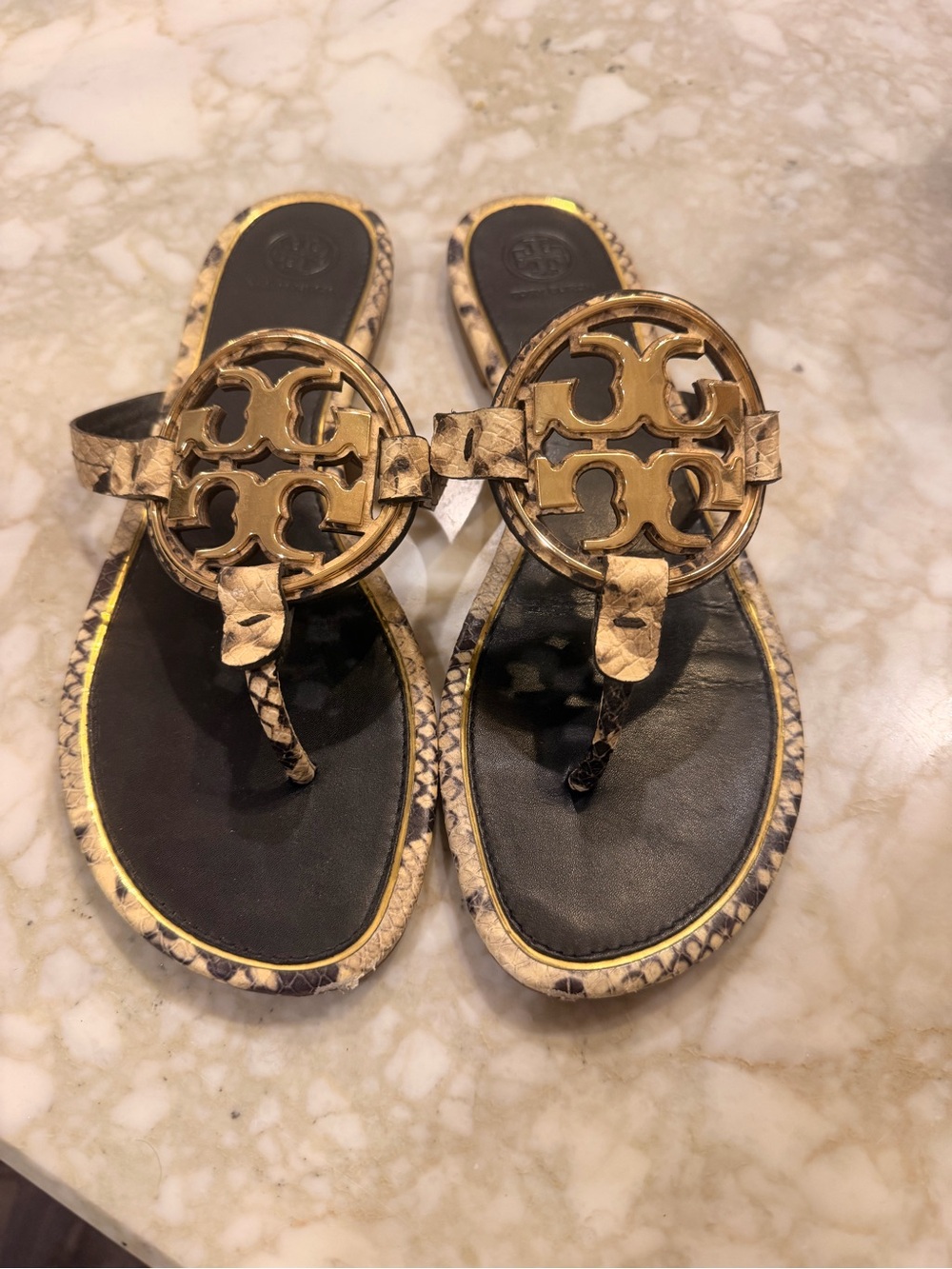 Tory Burch Metallic Gold Logo Thong Sandals with Black Footbed